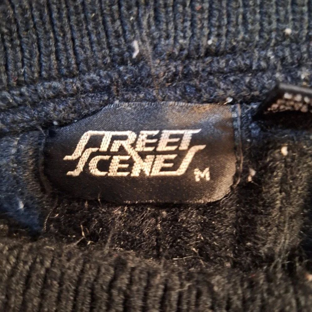 Vintage Street Scenes Sweater Mens M Black White Chunky Knit 90s Leather Patches